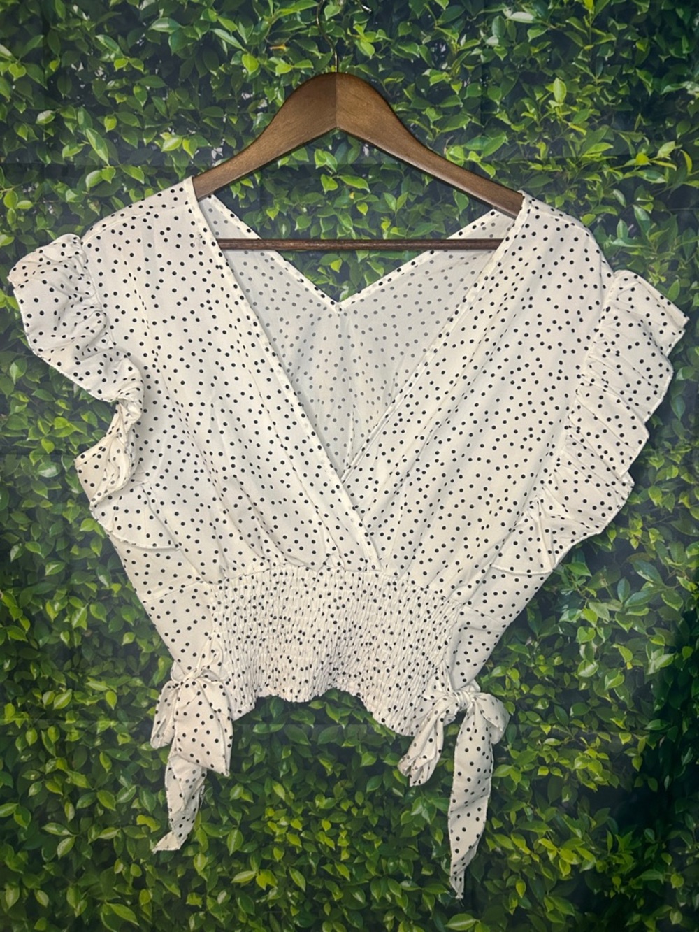 Smocked Wrap Polka Dot Cropped Blouse in White